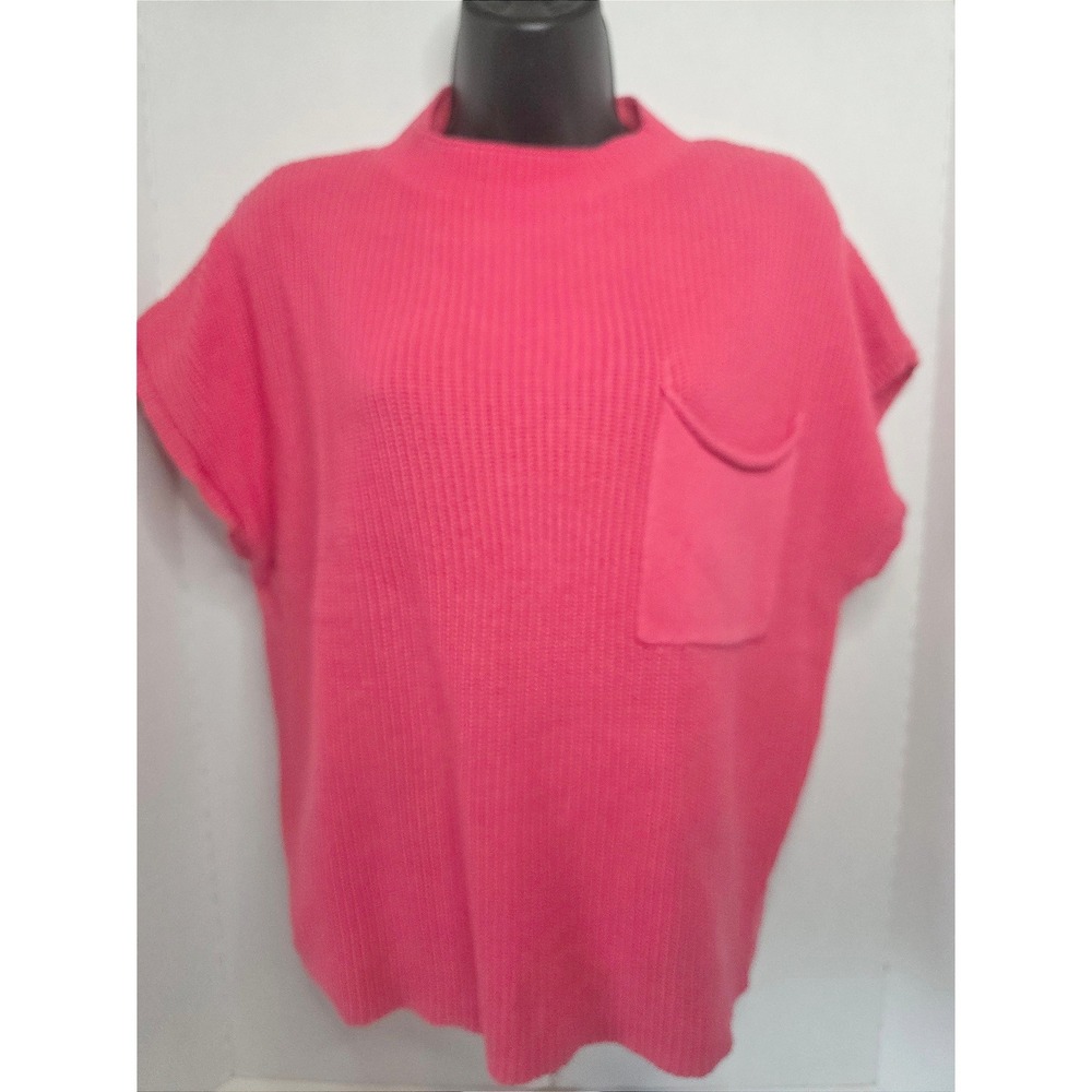 Anrabess Hot Pink Melon Ribbed Knit Sweater Crew Neck Pocket Sleeveless Top L